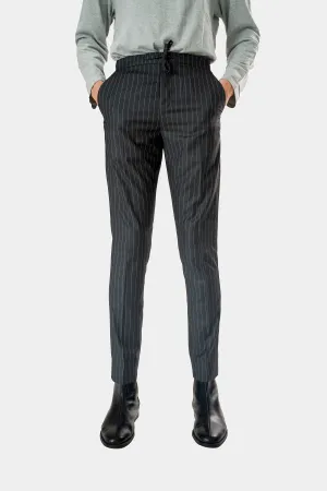 Standard Length Long Sleeve Wool Pants in Grey Pinstripe