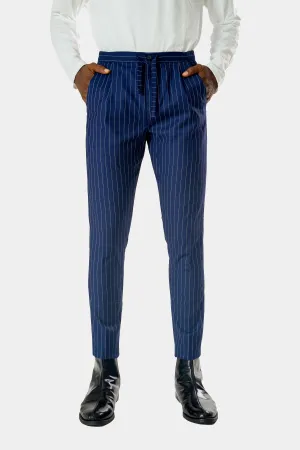 Standard Length Three Quarter Sleeve Wool Pants in Blue Pinstripe