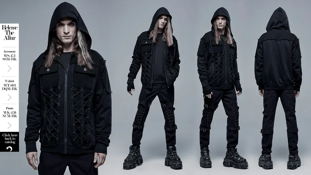 Stylish Men's Gothic Jacket with Lace-Up Front And Hood