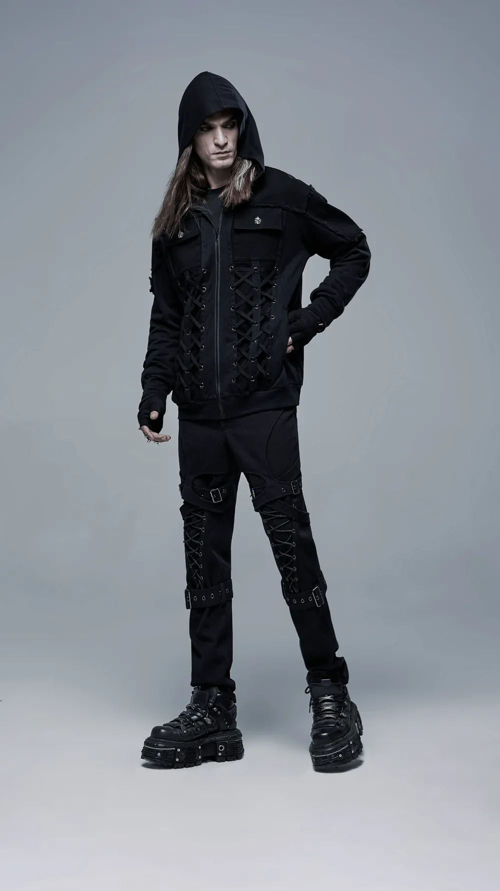 Stylish Men's Gothic Jacket with Lace-Up Front And Hood