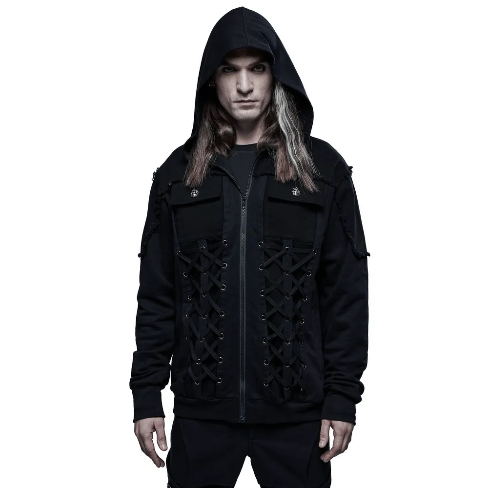 Stylish Men's Gothic Jacket with Lace-Up Front And Hood