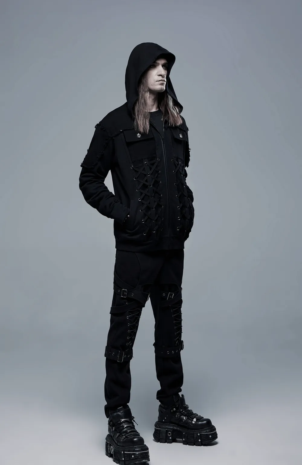 Stylish Men's Gothic Jacket with Lace-Up Front And Hood