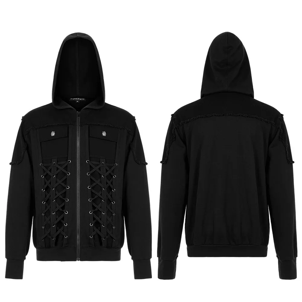 Stylish Men's Gothic Jacket with Lace-Up Front And Hood