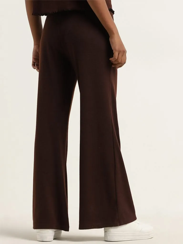 Superstar Dark Brown Ribbed Wide-Leg Mid-Rise Pants