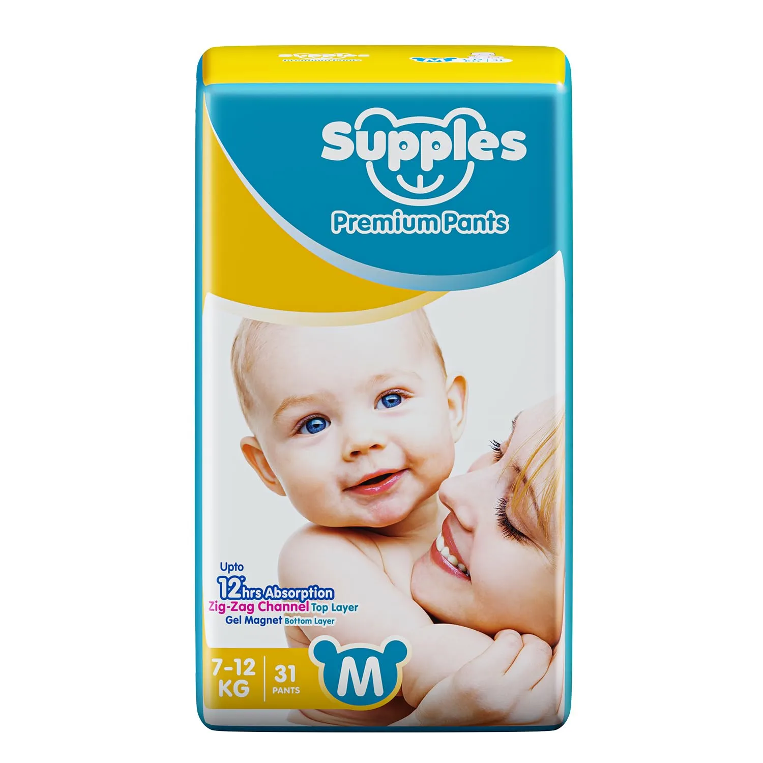 Supples Premium Diapers, Medium (M), 31 Count, 7-12 Kg, 12 hrs Absorption Baby Diaper Pants