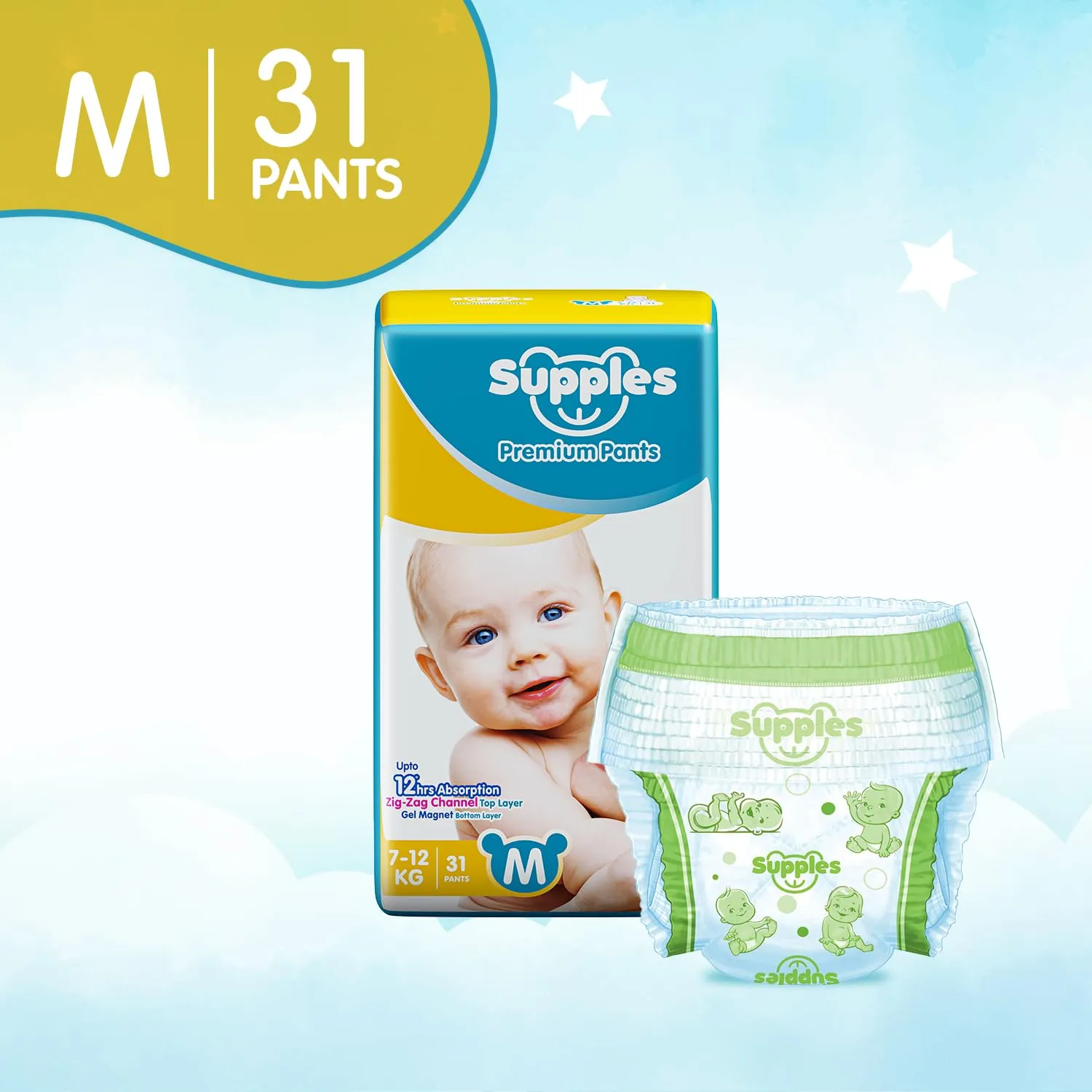 Supples Premium Diapers, Medium (M), 31 Count, 7-12 Kg, 12 hrs Absorption Baby Diaper Pants