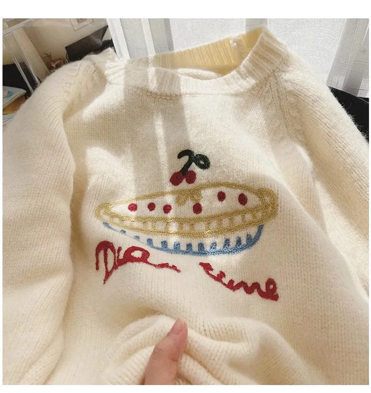 Sweet embroidered round neck sweater for women round neck sweater    S4829