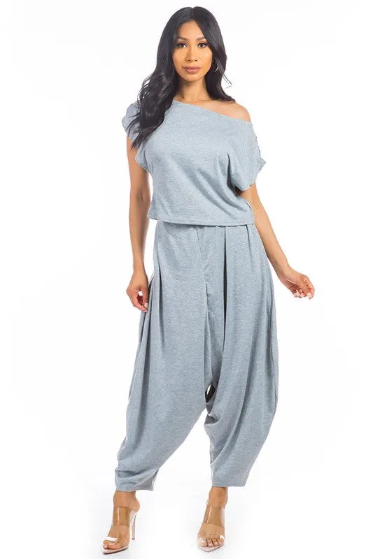 TEEK - 2PC GREY ONE SHOULDER POCKETED PANTS SET