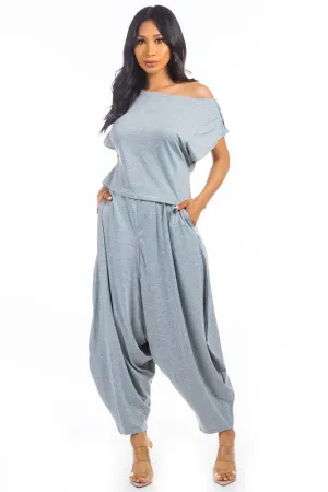 TEEK - 2PC GREY ONE SHOULDER POCKETED PANTS SET