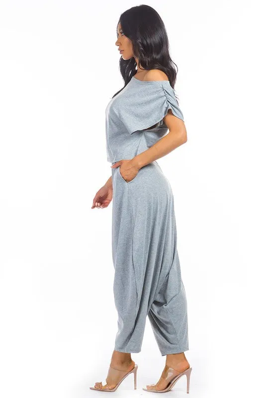 TEEK - 2PC GREY ONE SHOULDER POCKETED PANTS SET