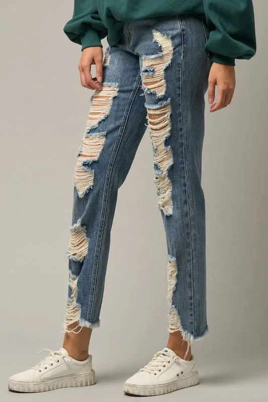 TEEK - Medium Wash Ripped Straight Jeans