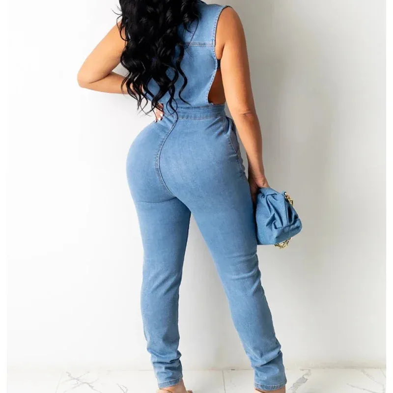 Trendy Sleeveless Light Blue Denim Jumpsuit