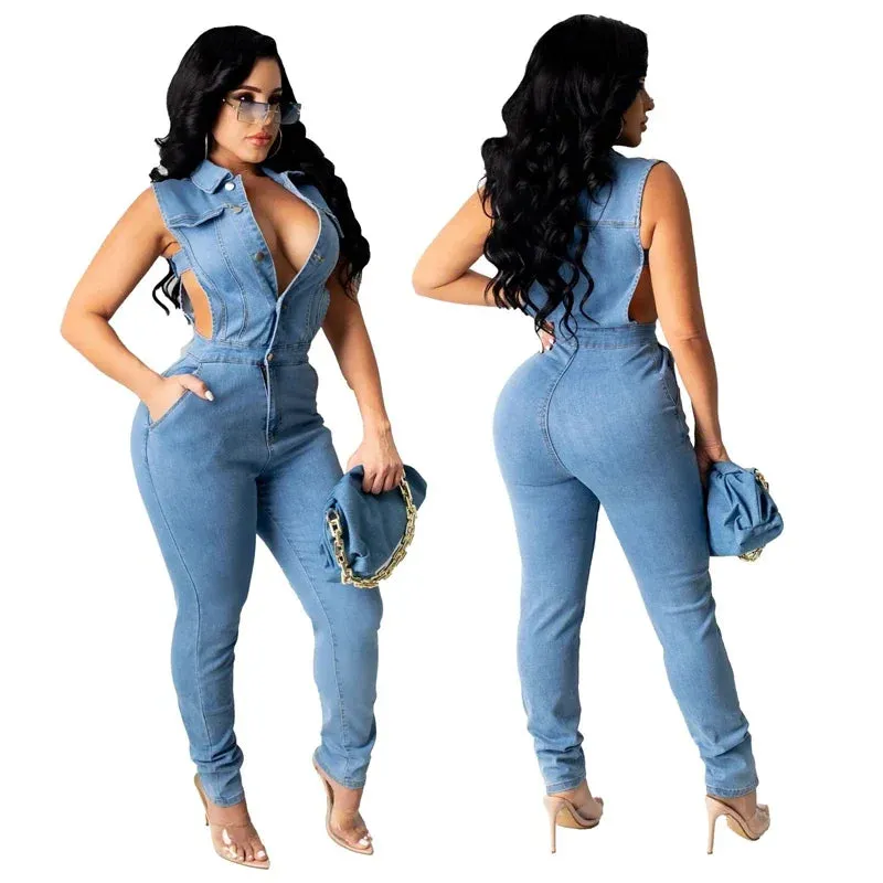 Trendy Sleeveless Light Blue Denim Jumpsuit