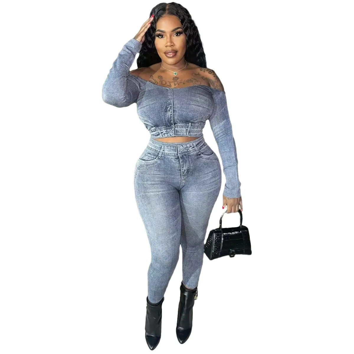 Trendy Two Piece Crop Top Jeggings Set