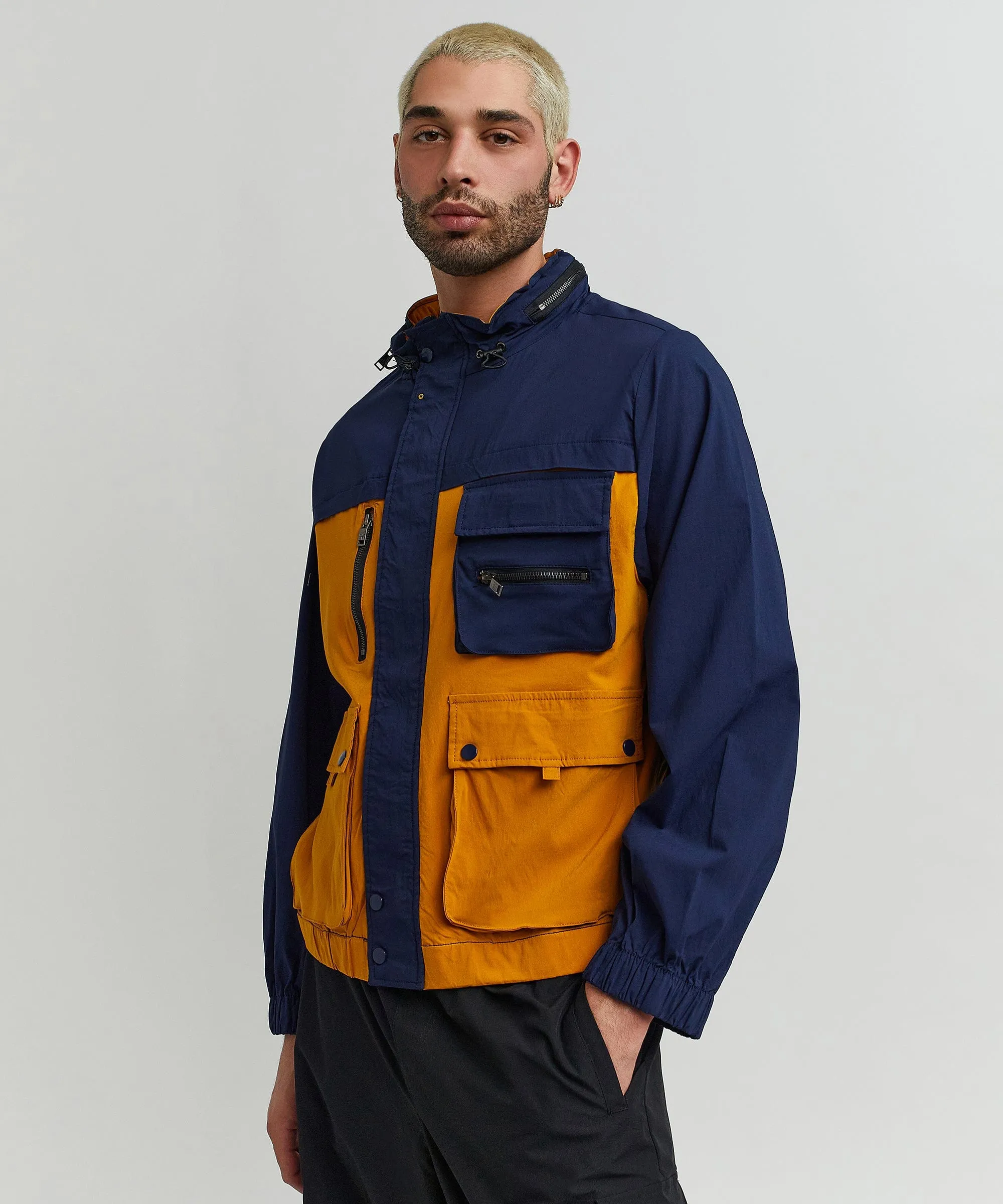 Utility Stretch Nylon Zip Up Jacket - Navy