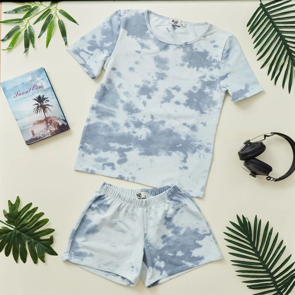 Women summer pajama set Light blue tie dye shirt   shorts