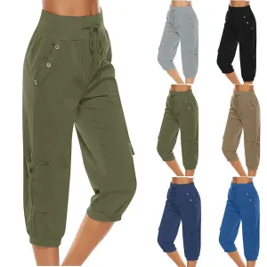 Women's Cropped Pants Cotton Linen Cargo Pocket Casual Pants