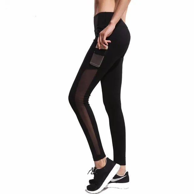 Yoga Patchwork Mesh Leggings With Pocket, free shipping