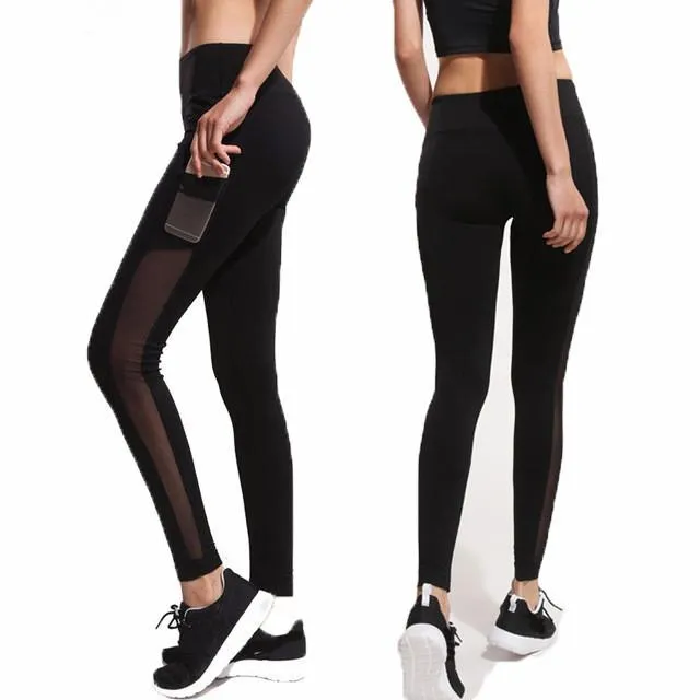 Yoga Patchwork Mesh Leggings With Pocket, free shipping